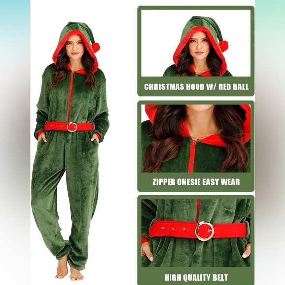 Women’s Green and Red Elf Christmas Onesie Pajama with Belt and Hood| Size Small - Picture 5 of 10